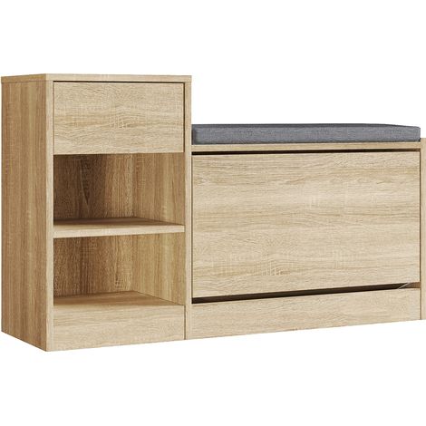 SONNI Schuhschrank mit Klapptür und Schublade, Schuhbank mit Sitzkissen , Multifunktional Schuhablage, Holzoptik, 945 x 570 x 300 mm (1/5)