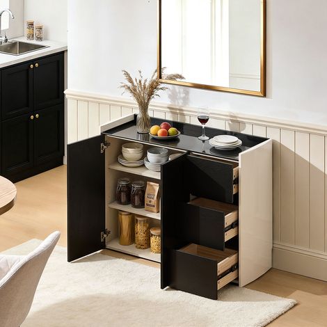 Modern Sideboard Cabinet, Wooden Buffet Cupboard with Adjustable Shelves, Large Storage Cabinet for Kitchen Living Dining Room Hallway Black White Medium (1/5)