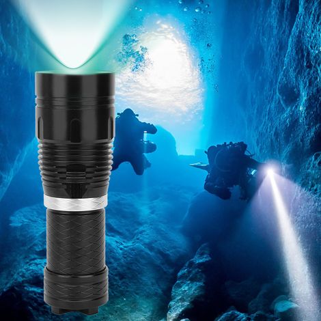 Lampe torche LED L2 pour la plongée 32650, lampe torche étanche pour le camping sous-marin, intensité lumineuse réglable en continu, noire. (1/5)