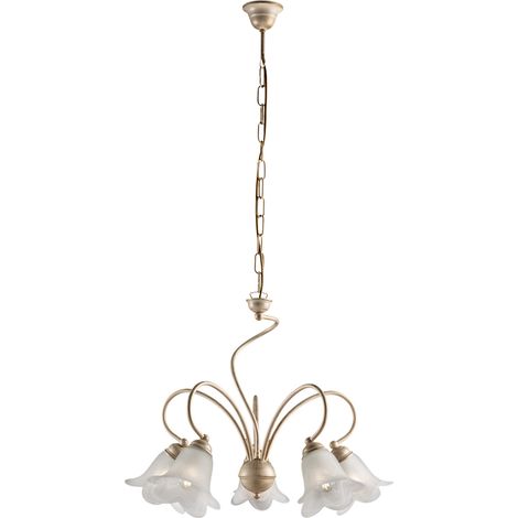 Lampadario 5 Luci Alice Ferro Battuto Avorio E Oro Vetro Bianco (1/3)