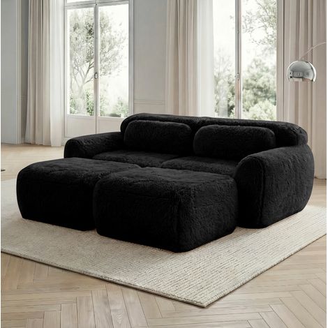 Divano modulare 204x179x73 cm, senza montaggio, 2 posti con 2 ottomani collegabili, tessuto plush nero (1/5)