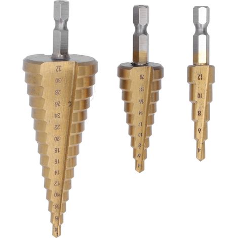 3 pièces foret étagé queue hexagonale acier rapide robuste durable revêtu titane lisse perforateur métal (1/5)