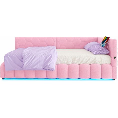 Divano letto 90x200 cm in tessuto rosa con LED, USB e Type-C, senza materasso - CHICFURN (1/5)