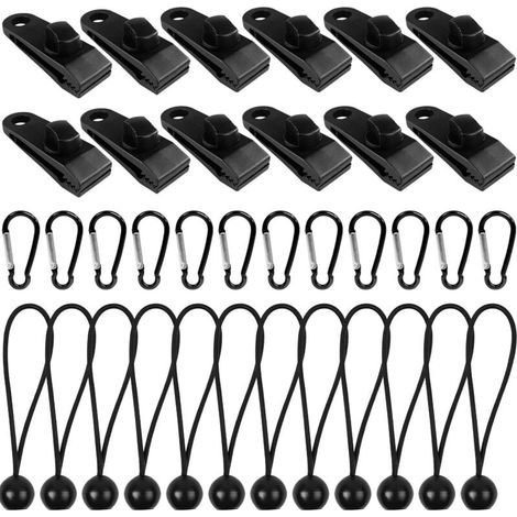 Juego de 12 clips para lonas, soporte para lonas de exterior con cierre de lona y cordón elástico + mosquetón en forma de D para lonas, toldos, camping, caravanas y fundas para coches. (1/5)