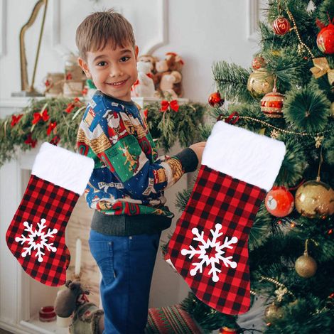 Weihnachtsdekorationen, schwarz-rot karierte Weihnachtsstrümpfe, Geschenktüten für Kinder, Süßigkeitentüten, große Strümpfe, Schneeflocken (1/5)