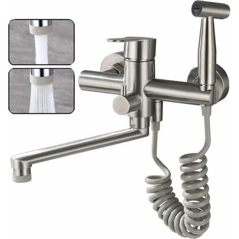 Mitigeur mural de cuisine en acier inoxydable 304, robinet avec pistolet pulvérisateur et 2 types de jet, 360 degrés (1/3)