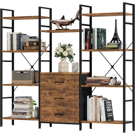 Bibliothèque Haute 150Lx142H cm 3 Tiroirs, 4 Niveaux, Bois Rustique (1/5)