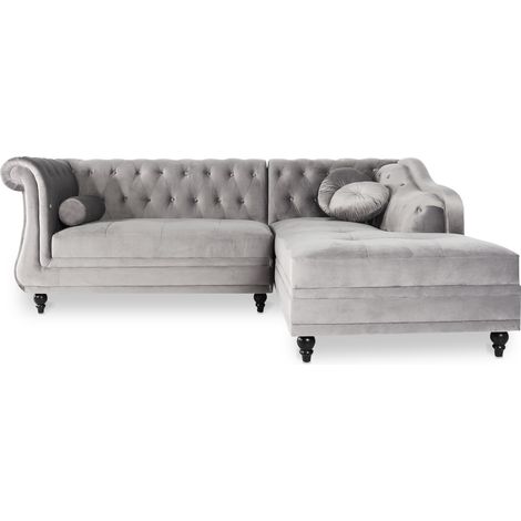 Canapé d'angle droit Empire Velours Argent style Chesterfield (1/3)