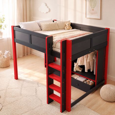Cama alta de madera negro y rojo 140x200 cm con LED, escritorio, armario, estantes y escalera (1/5)