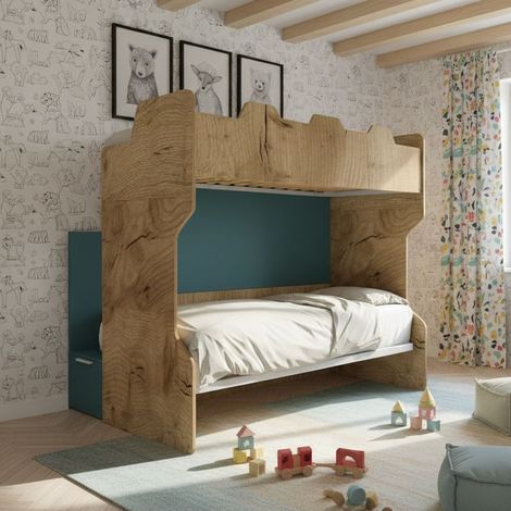 Letto a castello con scala contenitore e terzo letto estraibile - Cameretta salvaspazio - Quercia e verde petrolio