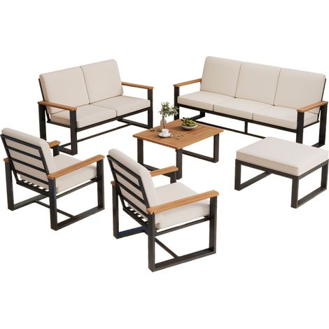 Set Lounge Jardin Beige – 1 Canapé 3 Places + 1 Canapé 2 Places + 2 Fauteuils + Table Acacia + Repose-pieds, Acier Galvanisé
