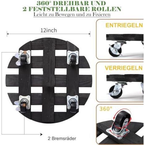 supports ronds pour plantes, supports en bois de 30 cm pour fleurs, supports pour plantes avec roulettes verrouillables à 360°, soucoupes robustes pour pots de fleurs avec roulettes, résistant aux int (1/4)