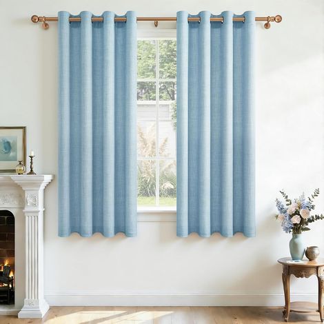 Rideau Voilage Lin Naturel Court Semi-Transparent à Oeillets Bleu, Rideaux et Draperies Intérieurs pour Cuisine Salon Chambre Salle à Manger Petite Fenetre, 2 Pièces, 140x145 cm (1/5)