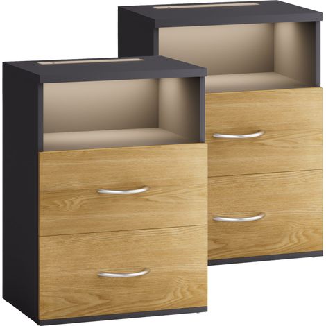 CASARIA® Nachttisch Touch mit LED Beleuchtung 40x28x55cm Dimmbar Holz 2 Schubladen Boxspringbett Schlafzimmer Wohnzimmer Beistelltisch Nachtschrank  2er Set holz-grau