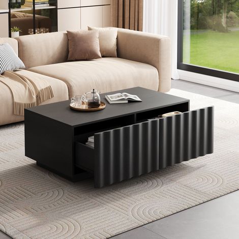 Tavolino da caffè con 2 cassetti, motivo ondulato, in MDF e truciolato, 100x50x40 cm, nero (1/5)