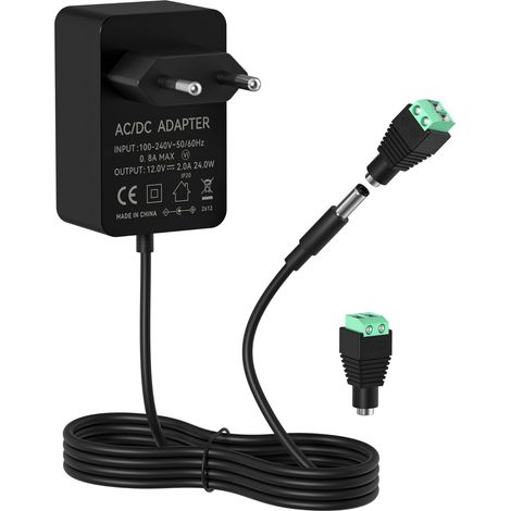 Adaptateur Secteur 12V 2A, Alimentation Transformateur AC/DC 100-240V 50/60Hz, Chargeur Fiche 5.5X 2.1MM 2 Fiches DC, pour Ruban LED, Routeur, Lecteur DVD, Caméras CCTV (1/5)