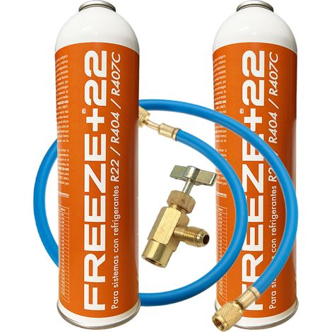 Pack 2 Refrigerante Orgánico 400g  Sustituto R22 R404 R407C  Equivale a 1kg por Envase  Incluye Válvula y Manguera