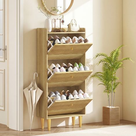 Meuble à chaussures 18 paires, armoire à chaussures étroite, 3 tiroirs rabattables étagères réglables, 60x24x128cm, chêne (1/5)