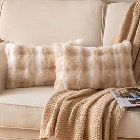 Funda de almohada acolchada de una sola pieza, de suave pelo sintético ondulado, de 30 x 50 cm, color blanco/beige, textura de lana suave compatible con cojines de tamaño estándar.