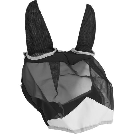 Masque anti-mouches en maille fine respirante pour cheval, protège des morsures, avec oreilles et nez long, noir et gris, taille M (1/5)