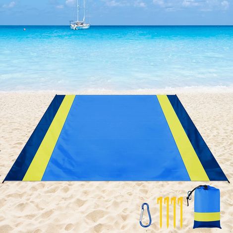 QAZQA Tapis de Plage 210 x 200cm Grande Couverture de Plage Imperméable Anti-Sable avec 4 Piquets Portable pour Camping, Plage, Pique-Nique (Jaune)