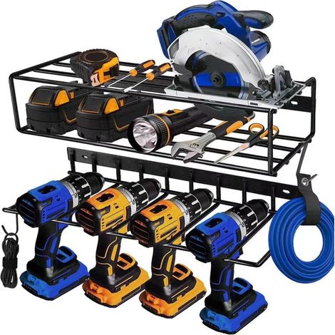 Support de rangement mural pour perceuse électrique et tournevis, support de rangement pour perceuse rechargeable, structure en fer forgé (support de rangement double couche B) (1/5)
