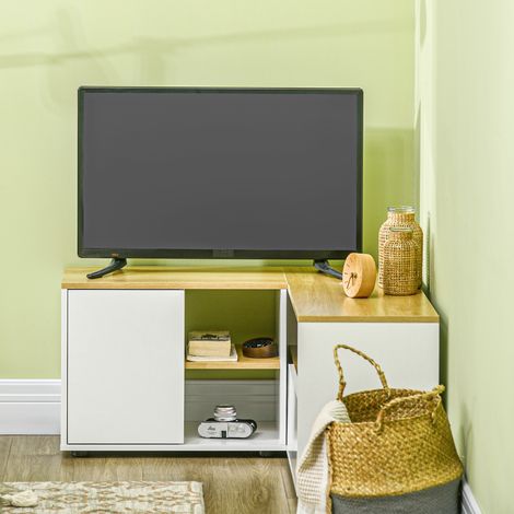 Support mural TV en L 40" avec 3 étagères ouvertes et 2 armoires de rangement, meuble en panneaux de particules, dimensions 90x90x45 cm