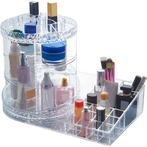 Organizer cosmetici rotante grande con ripiano per trucchi e pennelli scomparti in abs organizzatore girevole make up trasparente 40 x 28.5 x 24 cm (1/2)