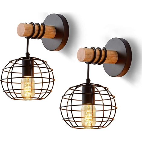 2pcs Applique Murale Rond Intérieur Industriel en Métal et Bois, Vintage Éclairage Mural Cage E27, Luminaire Murale Max 40W pour Chambre Cuisine Salle à Manger, Noir [Classe énergétique A++] (1/5)