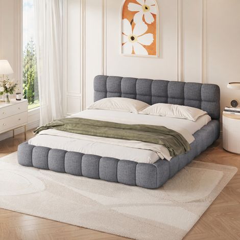 Lit adulte 160x200 cm, Lit double capitonné avec dossier moelleux, Lit plat avec sommier à lattes en bois, Lit bubble bas,  Style scandinave, Lin, Gris