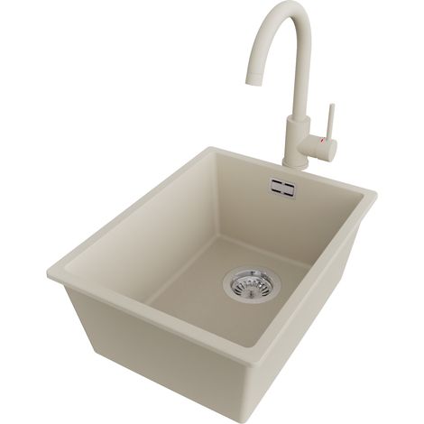 PRIMAGRAN Evier Sous Plan 36x47cm,Evier en Granit 1 bac + Robinet 32x20cm + Kit de Vidage, Évier au meuble 40cm - London, Beige (1/5)