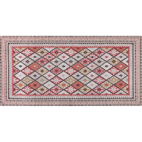 Alfombra de algodón beige rojo negro amarillo 80 x 150 cm geométrico suave Anadag