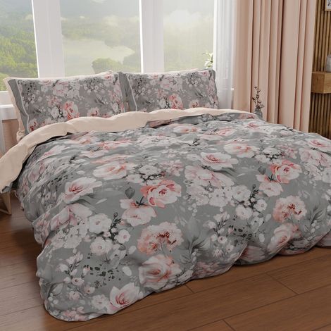 Housse de Couette 2 Places 250x200 cm 2 Taies 50x80 cm Incluses, Parure en Microfibre Imprimée Floral 17 02 (1/4)