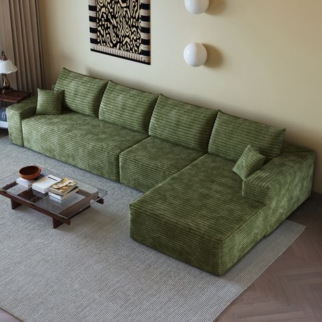 MODFU – Sofá esquinero modular 340x175x83 cm de tejido acanalado verde con espuma de alta elasticidad y montaje sin herramientas – Verde (1/5)