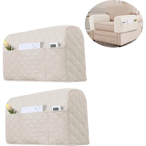 Lot de 2 housses d'accoudoir de canapé élastiques blanches avec 3 poches protection adaptée à la plupart des canapés (1/5)