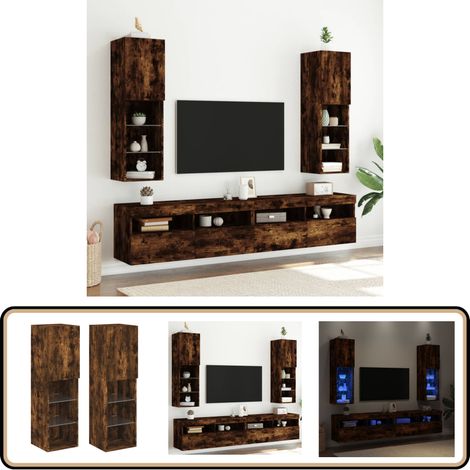 Meubles TV avec lumières LED 2 pcs chêne fumé 30,5x30x102 cm - Meuble Tv - Meuble Audiovisuel - Éclairage Led - Rangement Murale - Télévision (1/5)