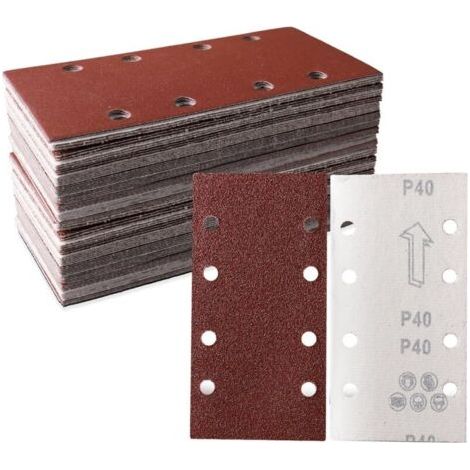 Lot de 50 feuilles abrasives 93 x 185 mm Papier abrasif carré auto agrippant 8 trous 40 grains Idéal pour ponçage, polissage et dérouillage Convient pour ponceuse rectangulaire