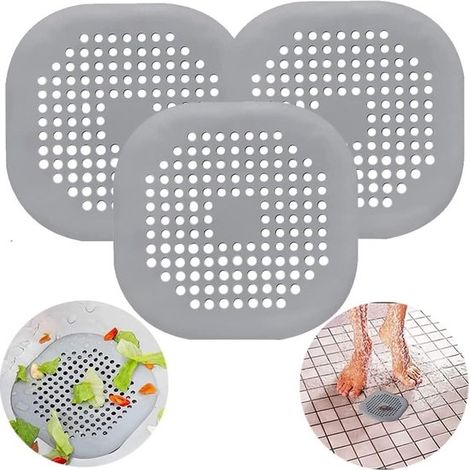 Confezione da 3 cuscinetti raccogli-capelli per scarico, sifone per tubo doccia in silicone con ventosa, per bagno e cucina, filtro piatto quadrato in gomma da 5,5 pollici, grigio (1/5)