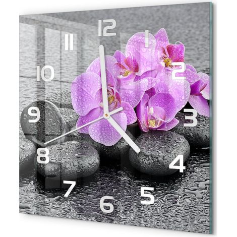 Horloge Murale Carrée Décorative Chambre Verre Trempé Silencieuse Sans Tic-Tac Orchidée et pierres 30x30 cm (1/5)