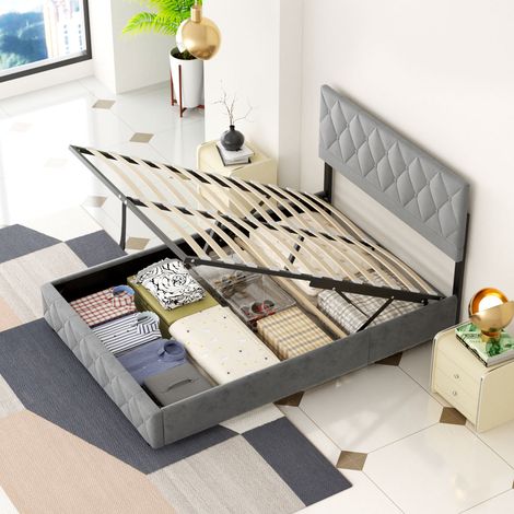 Lit coffre 140x200cm gris, lit double moderne, sans matelas, tête de lit tapissée (1/5)