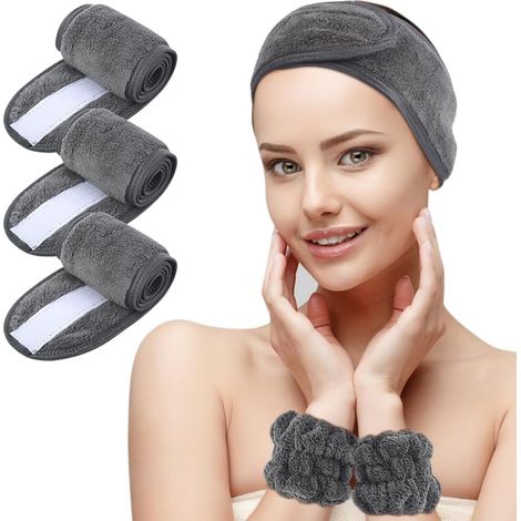 Bandeau de spa pour le visage avec 3 bracelets de lavage pour le poignet, bandeau de maquillage et de soins pour femmes, bandeau en microfibre ajustable pour le lavage du visage, le sport et le yoga, (1/5)