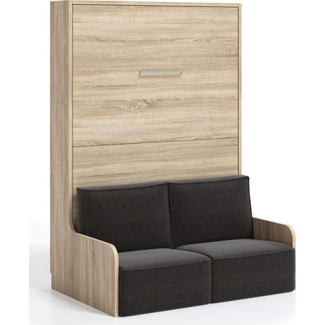Lit escamotable vertical avec banquette Kora 140x190-Coffrage Carbone-Façade Carbone-Canapé Gris clair (1/5)