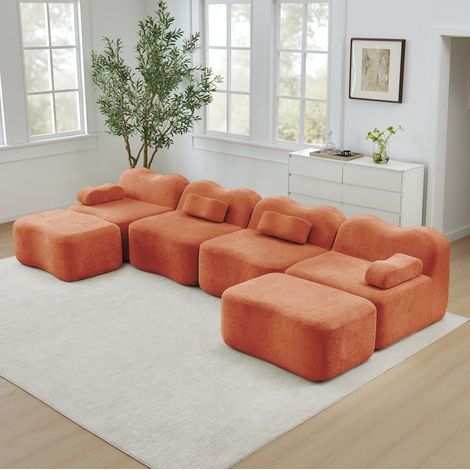 Sofá modular en U 384x167x70 cm de terciopelo naranja con 2 pufs para salón - MEUBLIV (1/5)