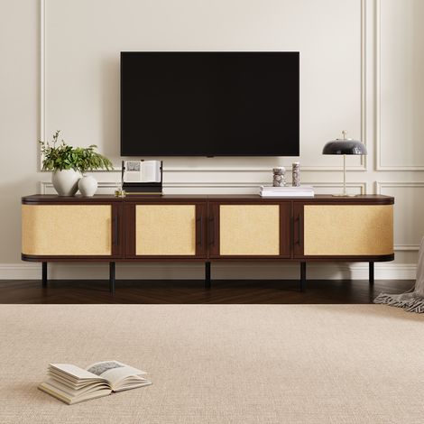 Mobile TV 180x40x45 cm con 4 ante e frontali intrecciati, ampio vano contenitore, MDF noce e gambe in metallo (1/5)