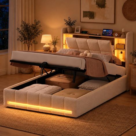 Lit coffre 140x190 cm, lit adulte double en tissu bouclé, tête de lit à rangements, LED, USB prises et sommier à lattes, style contemporain, beige (1/5)