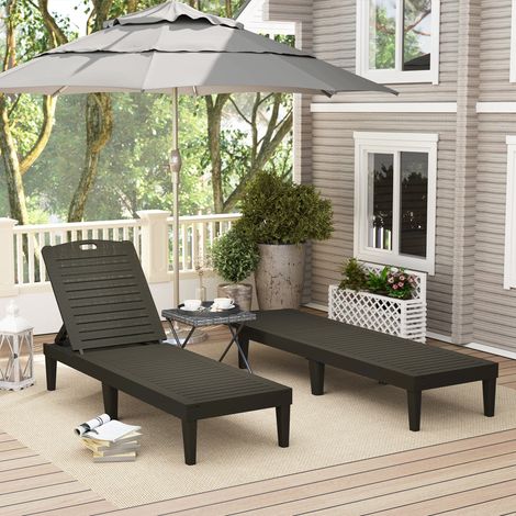 Set 2 Lettini Prendisole con Schienale Regolabile su 4 Posizioni Effetto Rattan a Doghe, Nero