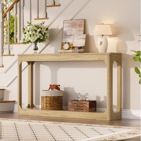 Tavolo consolle moderno minimalista con ripiani aperti, MDF, colore naturale (1/5)