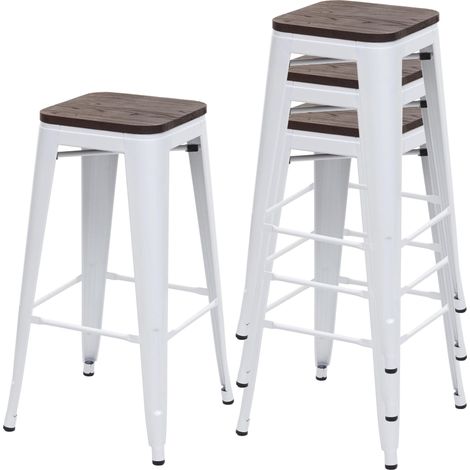 4x Tabouret de bar HWC-A73, avec siège en bois, métal, style industriel - blanc (1/2)