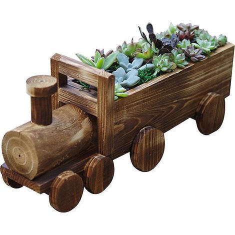 Pot de fleurs rétro en bois en forme de train, idéal pour plantes succulentes et bonsaïs, décoration pour la maison et le jardin (1/4)