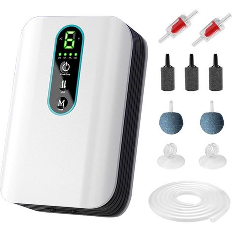 Pompe à air rechargeable à double sortie pour aquariums, aérateur portable à débit réglable et fonctionnement ultra-silencieux, pour un environnement sain.